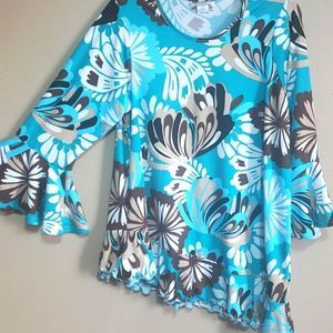 Shane Lee Inc artsy blue tan  asymmetrical, bell sleeves, 4" skirt, tunic, sz L